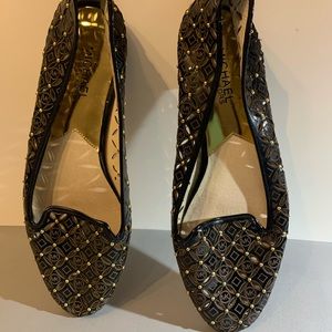 Michael Kors Black Leather & Gold Studded Flats
